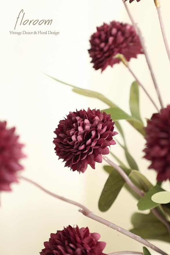 Floroom 5pcs Burgundy Faux Silk Mums Artificial Flowers, Bulk Fake Small Mini - Image 4