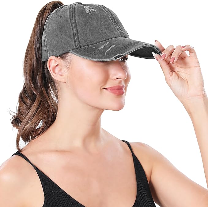 Criss Cross Ponytail Hat Women Washed Distressed Baseball Caps Adjustable High Messy Bun Ponycap