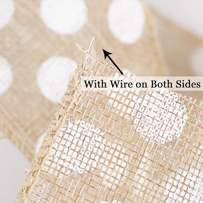 MEEDEE Burlap Ribbon with White Polka Dots - Image 7