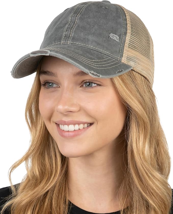 Funky Junque Trucker Hat for Women – Distressed Low Profile Western Camo Baseball Cap with Mesh, Trendy and Adjustable Fit