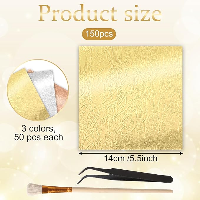 150 Pcs Gold Leaf Sheets for Art 3 Colors Gold Foil Sheets 5.5" X 5.5" Golden - Image 2