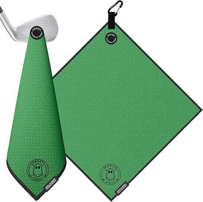 Ghost Golf Magnetic Towel (Greenside) - Premium Ultra-Absorbent Microfiber Golf Towel with Magnet for Golf Carts or Clubs - 18" x 18" Golfing Gear - Waffle Weave Pattern (Kelly Green)