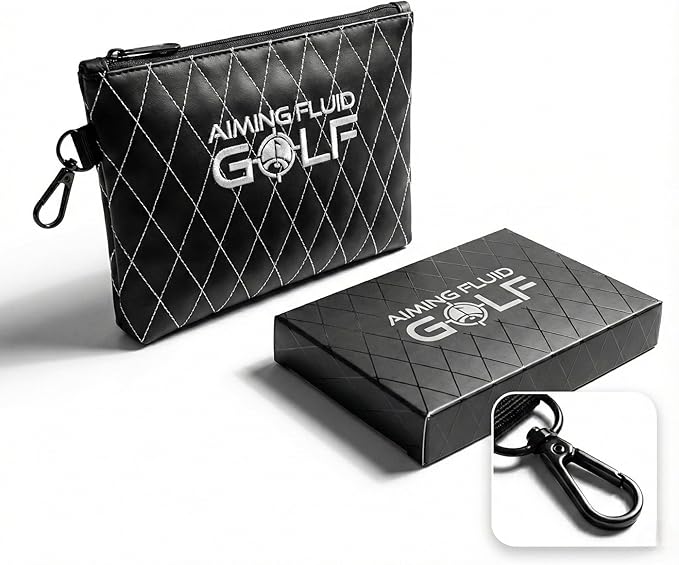 Premium Leather Golf/Travel Valuables Pouch Luxury Zippered Utility Bag with Diamond Stitching, 360 Swivel Clip, Soft Interior for Golf Accessories & Travel Essentials (Black)