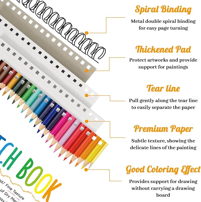 2 Pack Sketch Book with 36 Color Pencil Set, Spiral Kids Sketchbook - Image 3