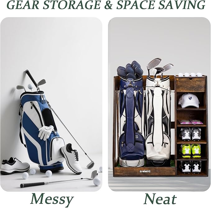 WINGYZ Premium Birch Plywood Golf Bag Storage for 2 Bags | 36lb Rock-Solid Golf Bag Organizer | 7-Shelf Command Center | Artificial Turf 12-Ball Display | No Wall Mounting Required (Brown)