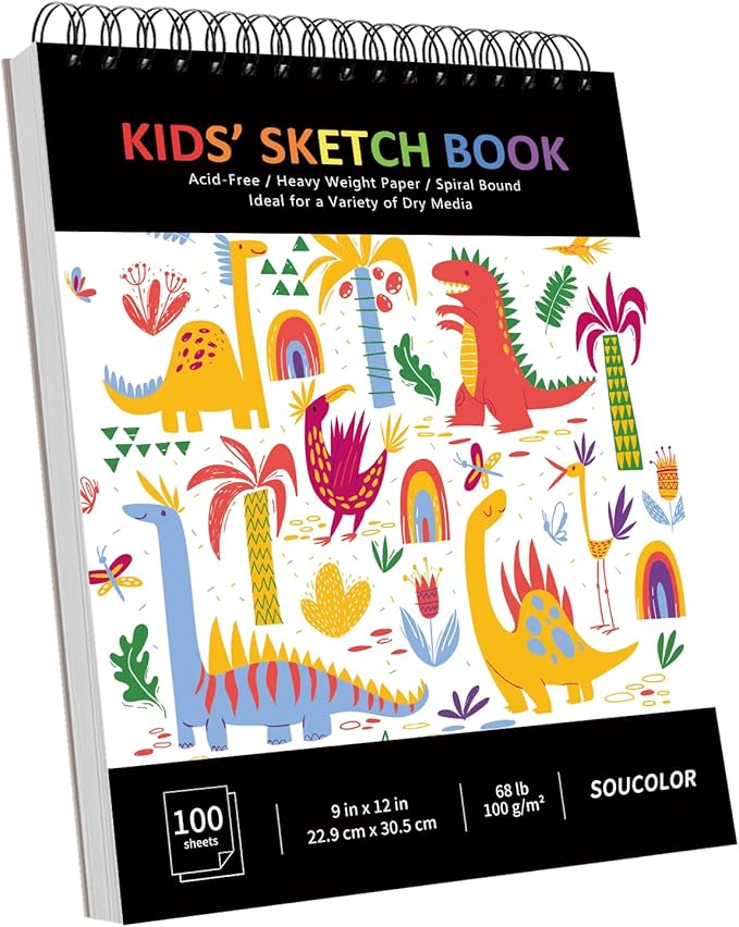 Soucolor 9" x 12" Kids Sketch Book, 100 Sheets Spiral Bound Art Sketchbook by Soucolor