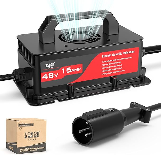 10L0L 48V Golf Cart Battery Charger for Club Car DS Precedent, 15Amp Smart Charger with 3-Pin Plug for Lead Acid Batteries, IP67 Waterproof, Auto Shut-Off
