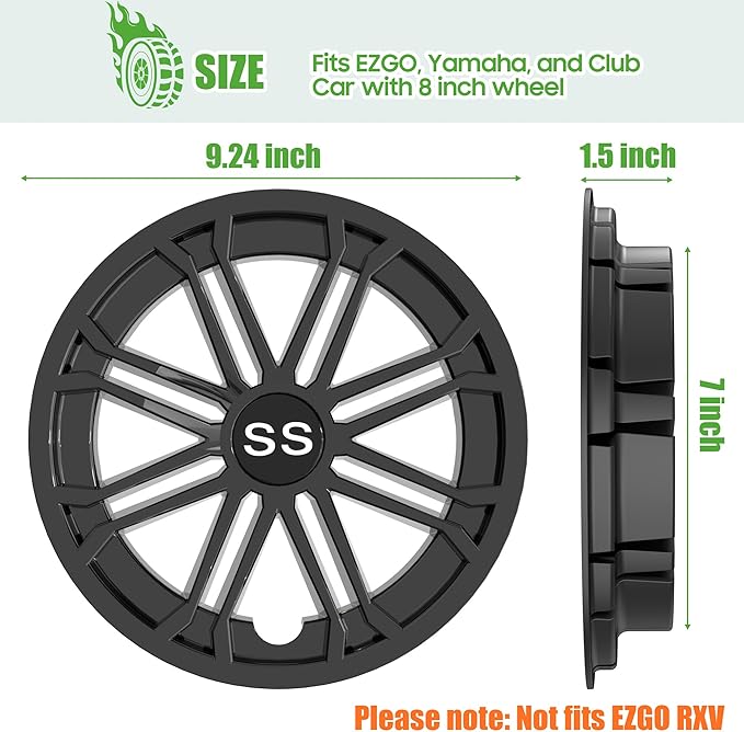 10L0L Golf Cart SS Wheel Covers Hub Caps for EZGO, Club Car, Yamaha - 8 Inch Snap-on Installation, New Black, Set of 4