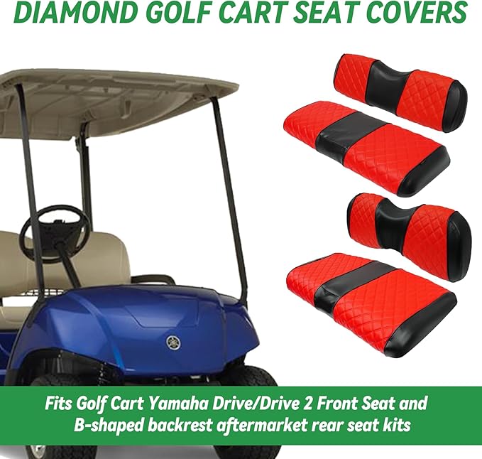 XUANYUDG0769 Golf Cart Front and Rear Seat Covers for Yamaha Drive/Drive 2 OEM Ordinary Front Seat and Aftermarket Common Rear Seat Kits, No Stapler Vinyl Leather Diamond Seat Covers
