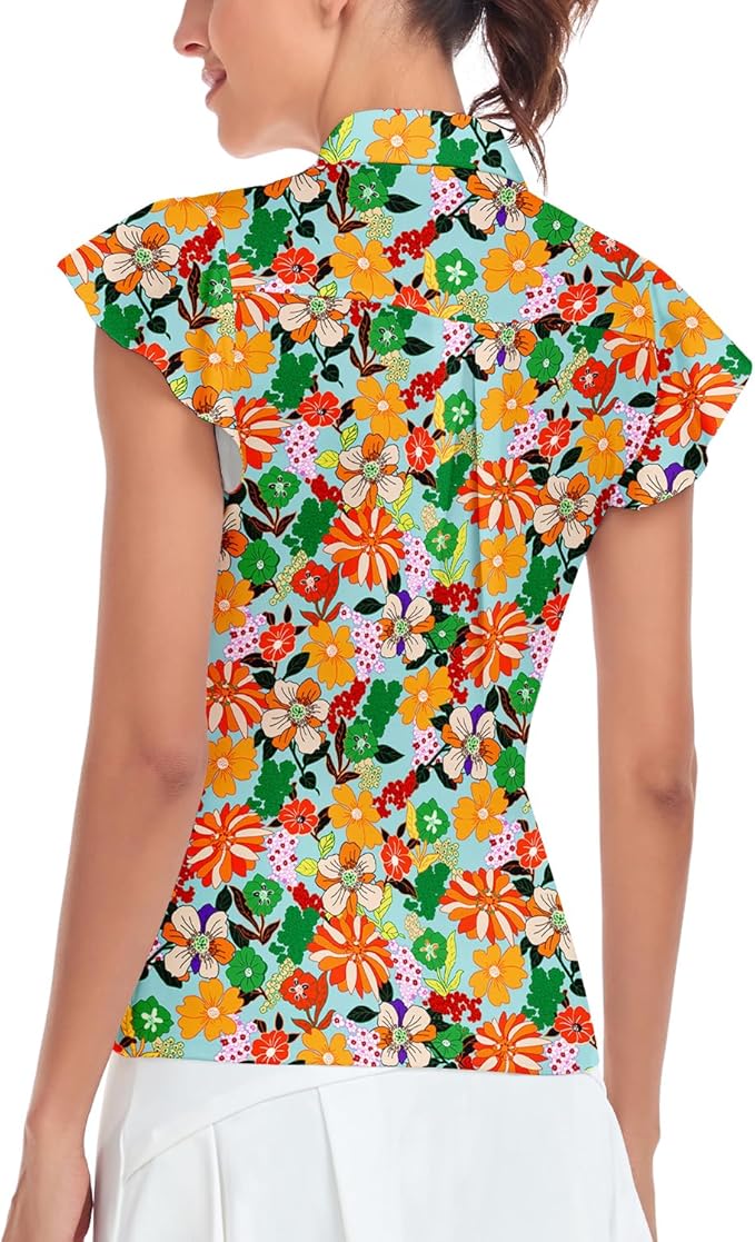 Soneven Womens Petal Sleeve Golf Shirts Moisture Wicking Lady Golf Apparel Print Tennis Sport T Shirt