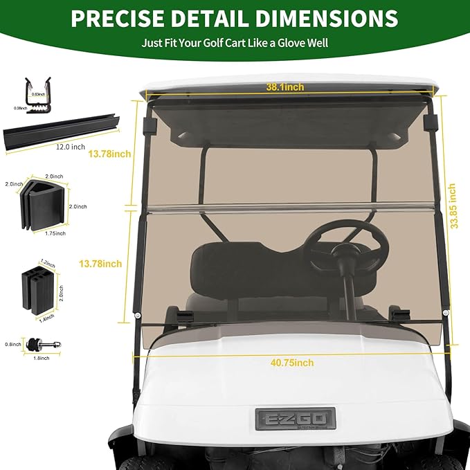 Golf Cart Foldable Windshield 3/16" (5MM) Thicken for 1995-2013 EZGO TXT & Medalist, 40.75" W×33.85" H, Fits 3/4" Rail Front Folding Windscreen Glass Scratch-Resistant, Shatterproof, Anti-UV