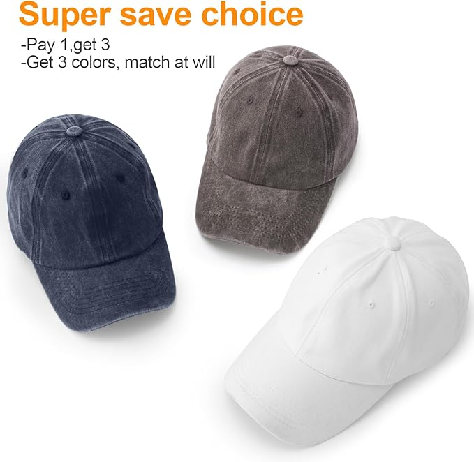 MEINICY 3 Packs Washed-Cotton Plain Baseball Cap, Vintage Adjustable Dad Hats Gift for Men/Women,Unstructured