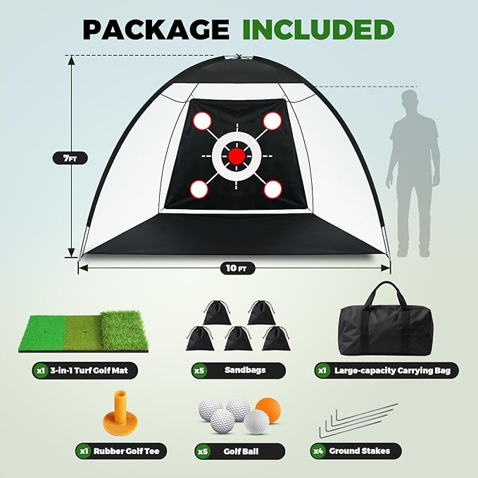 Golf Net 10x7FT All-in-One with Tri-Turf Practice Mat, Ball, Target & Carry Bag, Backyard & Indoor Outdoor Golf Hitting Net for Driving, Chipping, Swing Training, Golf Gift for Men, Dad, Him, Golfer