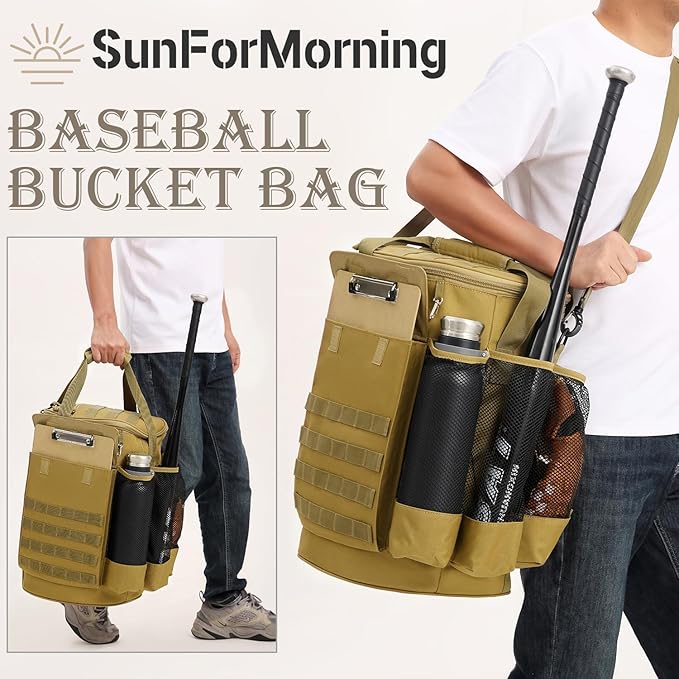 Baseball Bucket Bag Baseball Coaching Accessories Organizer Tactical Style Softball Bucket Bag with Anti-Slip Bottom, Multiple Pockets for Bat, Gloves, Scoreboards