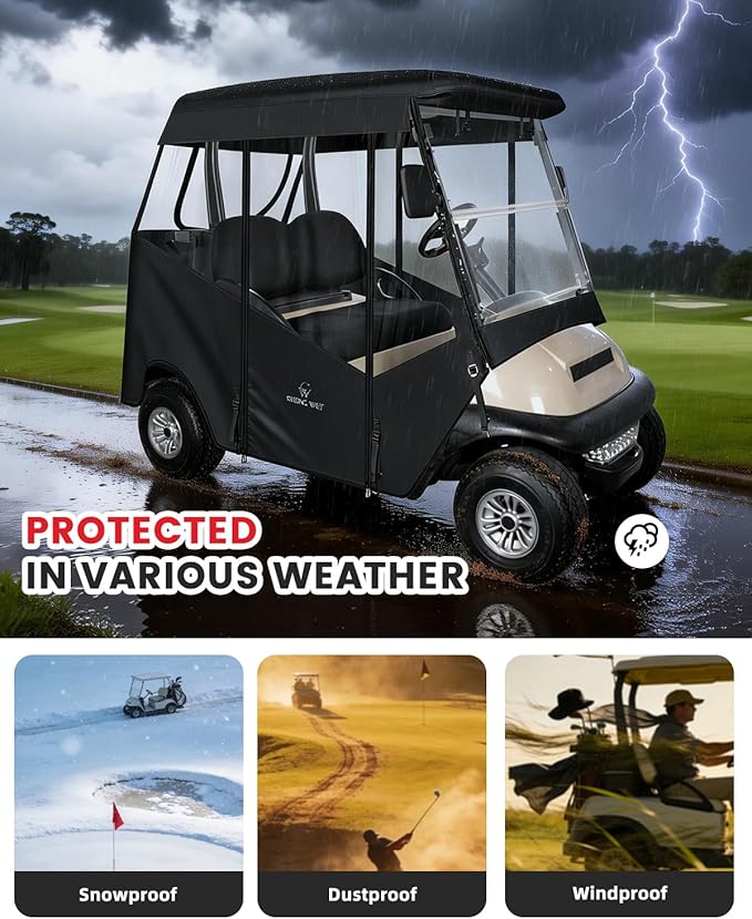 2 Passenger Golf Cart Enclosure for Club Car Precedent 2 Seater, 600D Waterproof Driving Rain Cover with Full Roll Up Clear Windows & Doors, Heavy Duty Zippers & Side Mirror Openings