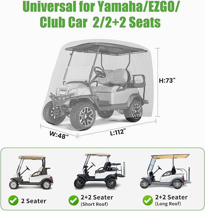 10L0L Universal Golf Cart Covers for Yamaha, Club Car, EZGO, Waterproof 2/4 Passenger Heavy Duty Golf Cart Rain Covers with 3 Zipper Doors Extended Roof for Outdoor All-Weather Protection