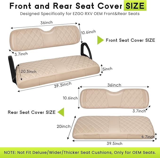 Golf Cart Seat Cover Front and Rear Set of 2 Fit for EZGO RXV OEM Ordinary Seats No Nails Easy to Install & Clean Beige Vinyl Leather Seat Covers