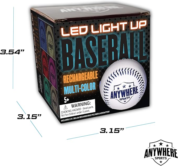 Anywhere Sports Pro Glow Light-Up Baseball – Regulation Size LED Color Changing Baseball with USB Rechargeable Battery – Official Weight Ball for Kids & Adults – Night Play Outdoor Sports Toy Gift