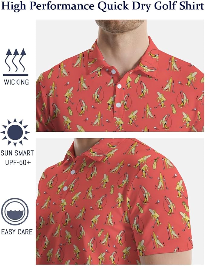 HUURAY Funny Golf Polos for Men Funny Print Short Sleeve Shirts Quick Dry Polo Shirts Hawaiian Shirt Performance Golf Outfits