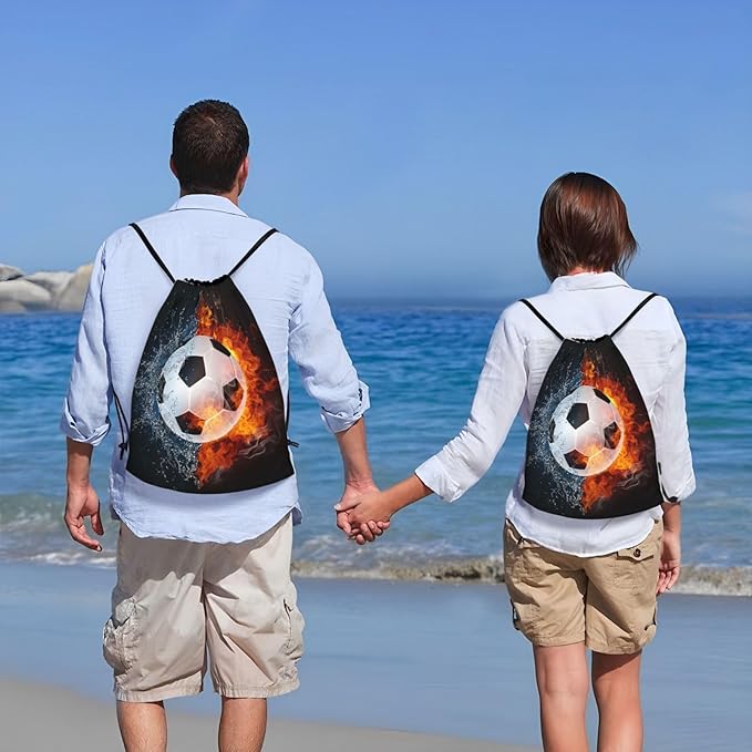 Kids Soccer Drawstring Bags for Boys Girls, Sports-Themed Drawstring Backpack Casual Knapsack with Water and Fire Printed for Teens Adults Women Men for Gym Travel Swimming Hiking Camping, Small