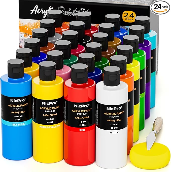 Nicpro 24 Colors Large Bulk Acrylic Paint Set, Rich Pigments Non Toxic by Nicpro