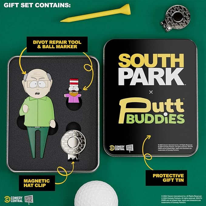 South Park Mr. Garrison Divot Tool with Mr. Hat Ball Marker – Officially Licensed South Park Golf Accessories Set – Metal Divot Repair Tool with Magnetic Ball Marker for Golfers