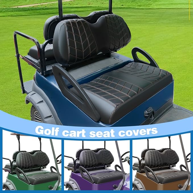 4PCS Golf Cart Seat Covers Kit, Front and Rear Seat Covers,Vinyl Seat Covers Accessories, No Staples（Black&Brown Stitch） (Fits Club Car Precedent)
