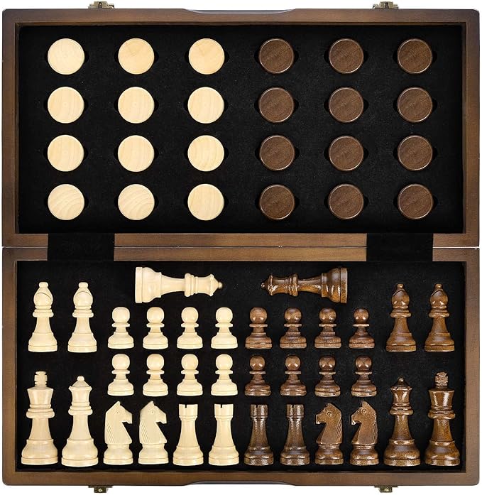 AMEROUS Magnetic Wooden Chess and Checkers Game Set, 15 Inches Chess Board Games by AMEROUS