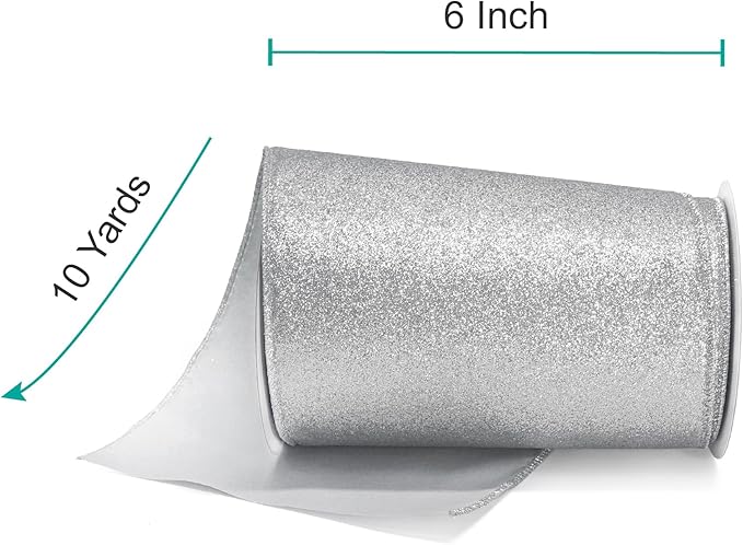 CT CRAFT LLC Glitter Wired Ribbon 6" x 10 Yards Silver - Image 2