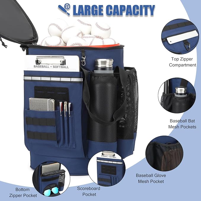 Baseball Bucket Bag 6 Gallon Bucket Cover Organizer w/Padded Seat tactical Softball Coaches Bag for Balls, Bat, Gloves, Scoreboards