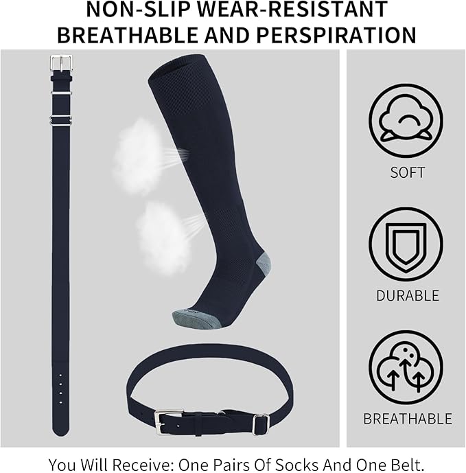 QBK Youth Baseball Socks & Belt Combo Set for Kids 2-16 Years -Softball/Tee Ball Accessories (1 Pair + 1 Belt, Unisex)