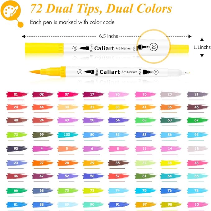 Caliart 72 Colors Double Tip Brush Pens Art Markers, Artist Fine & Brush Pen - Image 2