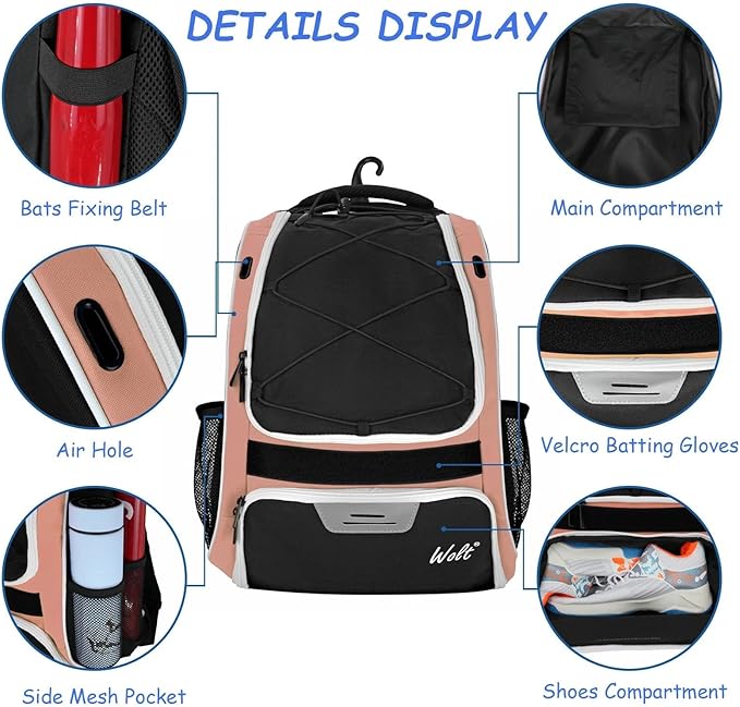 WOLT Youth Baseball Bag - Bat Backpack for Baseball, T-Ball & Softball Equipment & Gear, Bat & Glove Holder, Large Main Compartment for Helmet & accessories, Separate Shoes Compartment, Fence Hook