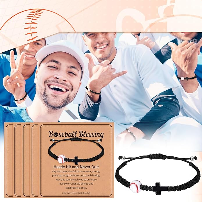 Tondiamo 12 Set Christian Cross Balls Bracelets Gifts Adjustable Baseball Volleyball Softball Woven Jewelry Charm Bracelets with Inspirational Cards for Team Gifts Sports Lover