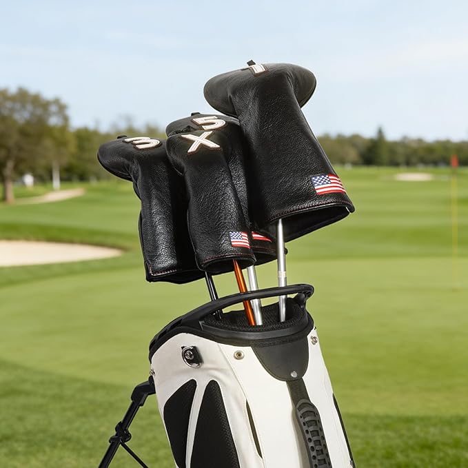 Golf Head Covers, US Flag Patriotism Golf Club Cover for Woods and Driver, Fairway, Hybrid - Premium Leather Golf Club Head Covers with Interchangeable Tags