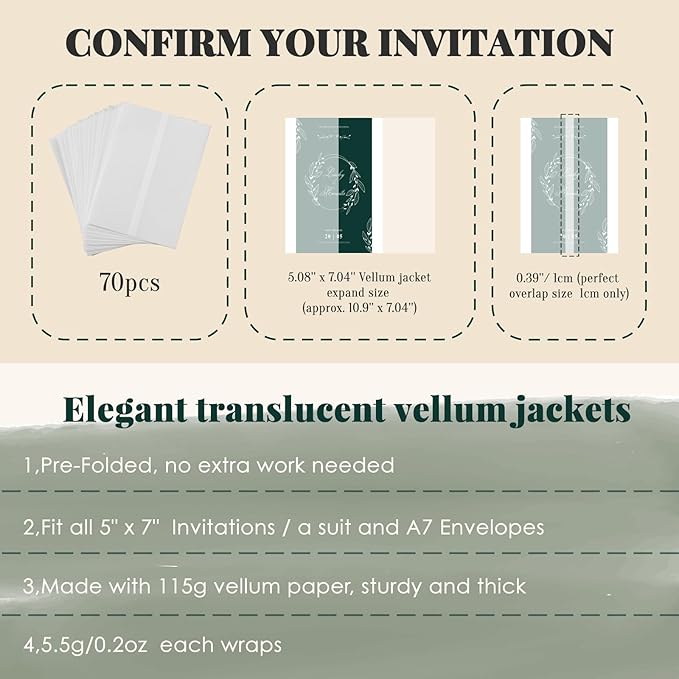 UNIQOOO 70 Pack Vellum Jackets for 5x7 Invitations, Elegant Pre-Folded Vellum - Image 4
