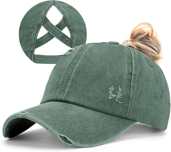 Womens Criss Cross Ponytail Baseball Cap Distressed Ponytail Hat High Messy Bun Trucker Ponycap for Outdoor Sports