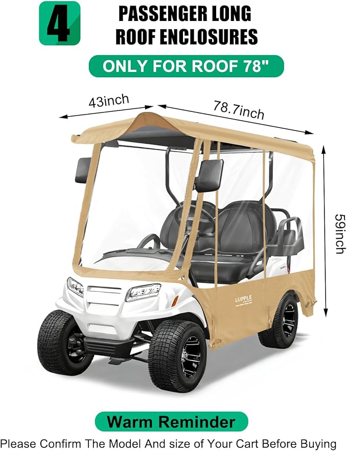 Golf Cart Enclosure 4 Passenger Extended Roof for EZGO/Club Car/Yamaha/ICON, Fits 2+2 Seater Model, 600D Waterproof Rain Cover with Clear PVC Windows and 4-Sided Roll-Up Zipper Doors