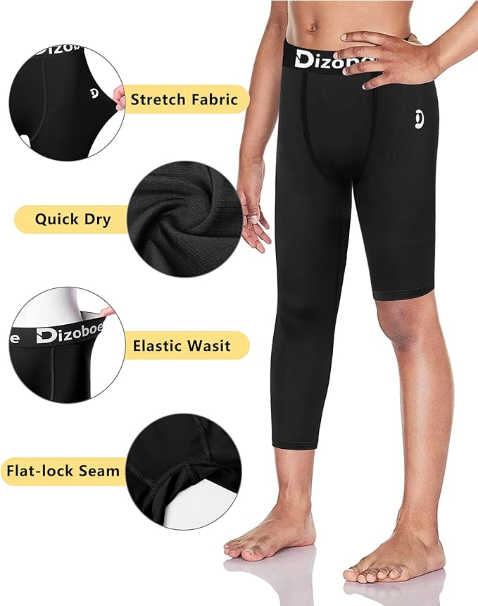 Youth Boys Compression Pants One Leg 3/4 Athletic Leggings for Sports Kids Basketball Tights Football Baseball Pants