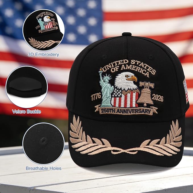 2 Pack 250 Anniversary USA Hat Embroidered Eagle & Liberty，Adjustable Patriotic American Flag Baseball Caps for Men Women