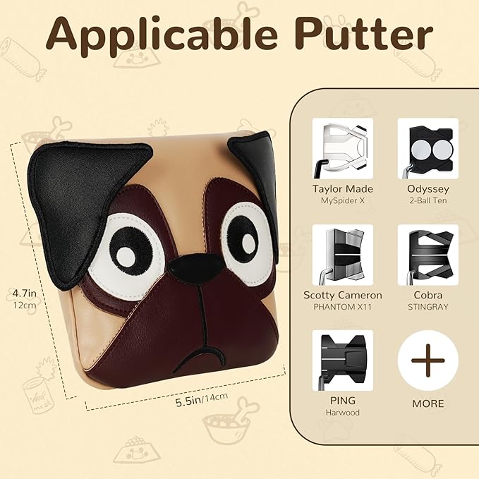 Big Crazy Golf Club Head Covers, Putter Cover with Strong Magnetic Closure, Square Mallet Putter Cover, Waterproof, Funny Design French Bulldog Pug Dog