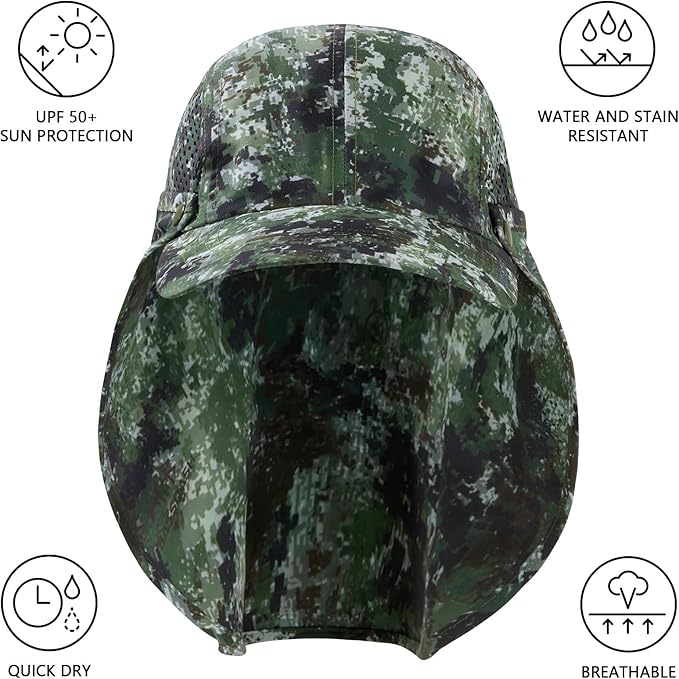 BASSDASH UPF 50+ Foldable Fishing Hat Baseball Cap with Removable Neck Flap Portable for Men Women Golf Hiking