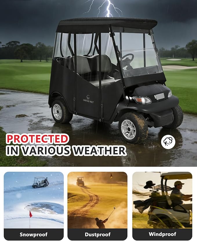 Golf Cart Enclosure 2 Passenger,Golf Cart Cover for EXCAR 2 Seater,Waterproof 600D Oxford Rain Cover Driving Enclosure,Roll Up 4-Sided Clear Windows&Door