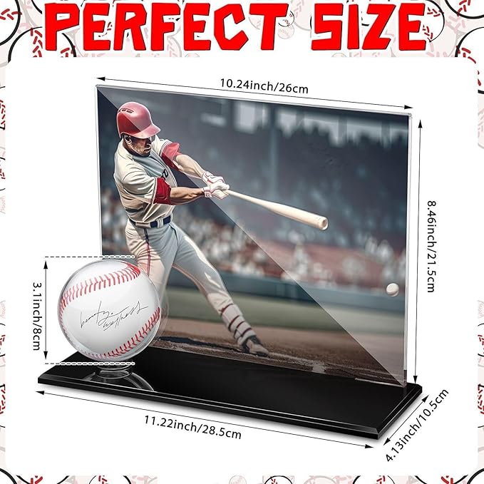 DoubleFill Acrylic Baseball Display Case for Ball and Cards Extra Large Clear Base Ball Holder Ring Stand Set Centerpieces Protector Memorabilia Showcase for Official Size Baseball
