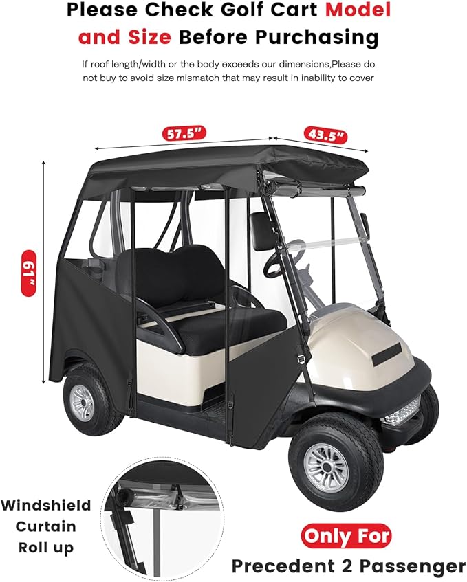 2 Passenger Golf Cart Enclosure for Club Car Precedent 2 Seater, 600D Waterproof Driving Rain Cover with Full Roll Up Clear Windows & Doors, Heavy Duty Zippers & Side Mirror Openings