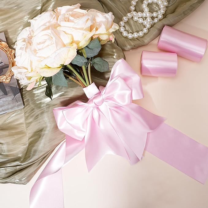 LaRibbons Light Pink Satin Ribbon 4 Inch 10 Yards Double Faced Luxury Light - Image 2