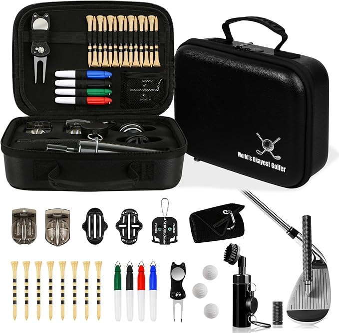 30Pcs Golf Accessories Kit with Towel, Club Brush & Groove Cleaner, Golf Balls, Tees, Score Counter, Ball Line Marker Tool, Divot Repair Tool Color Ball Markers Pen–Golf Gift for Men Golfers