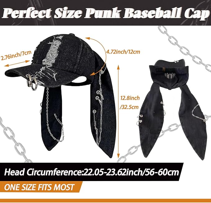 Y2k Hat Punk Hats Denim Bunny Hat Chains Distressed Baseball Cap Kpop Outfits Y2k Grunge Hats for Women