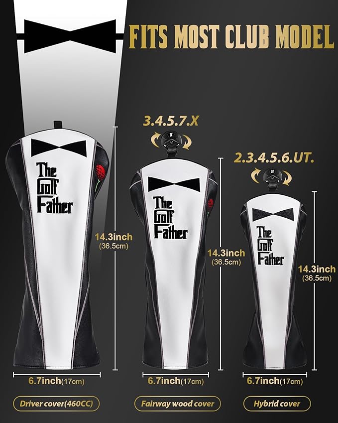 The Golf Father Funny Golf Club Covers, Driver Fairway Wood Hybrid Headcover, Mallet Putter Covers Blade Headcovers Putter Cover Magnetic, Black and White Color Iron Covers for Most Brands