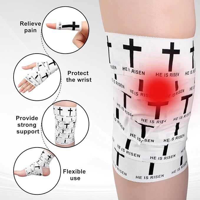 MiniInflat 2 Pcs Christian Cross Athletic Tape Sports Tape 2in x 23ft Religion Jesus Wrist Wrap for Soccer Football Baseball, Gift for Graduation Teacher Nurses Week Pentecost(White,He is Rise)